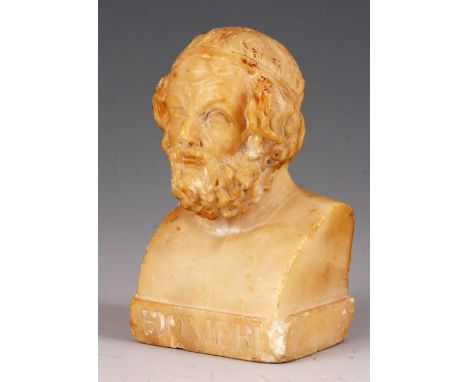 AN EARLY 19TH CENTURY CARVED WHITE MARBLE PAPER WEIGHT OF A BUST PORTRAIT OF HOMER finely carved and standing on a square bas