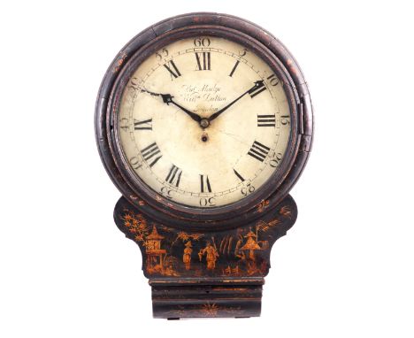 THOMAS MUDGE & WILLIAM DUTTON, LONDON   A RARE LATE 18TH CENTURY BLACK LACQUER CHINOISERIE DECORATED DROP DIAL WALL CLOCK wit