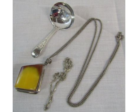 Georgian silver caddy spoon 1791, silver necklace with amber pendant & 2 silver chains