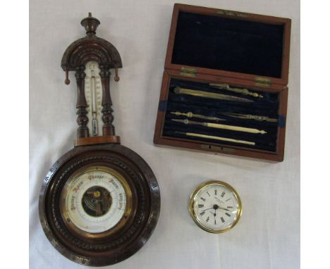 Barometer, Draftsmans set (af) & brass clock by Taylor & Bligh London