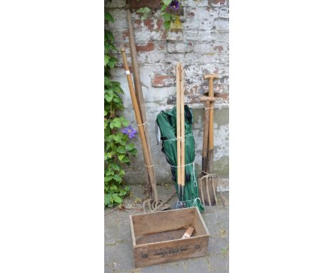 Quantity of gardening tools and a Colman's Azure Blue No 1 wooden box/crate (& 2 folding chairs, not photographed) 