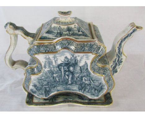 Victorian Indian decorated teapot and stand, decorated with elephants and hunting dogs etc