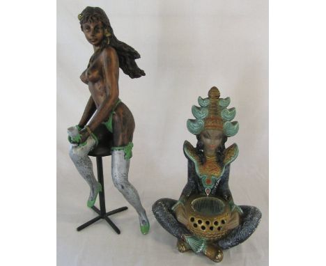 Oriental figure lamp base & a burlesque lady on a stool