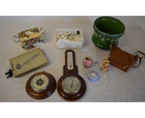 Various wall barometers, jardiniere top, box camera, quantity of ceramic thimbles etc