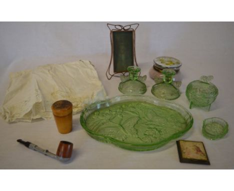 Green glass dressing table set, Ferry Cottage Corby Mauchline ware glass, powder puff, photo frame, smoking pipe etc 