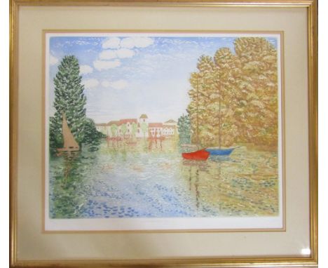 Limited edition etching 90/150 with aquatint 'Lakeside Mooring' by Stephen Whittle (b.1953) signed, titled and numbered in pe