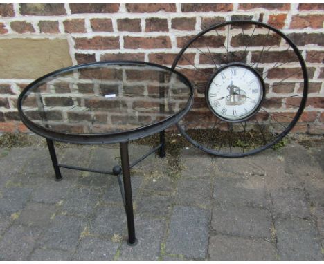 Wheel table (glass top has chip) & wall clock