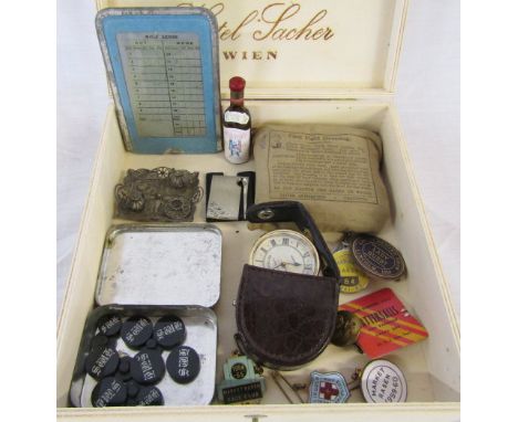 Box of assorted items inc Roger Lascelles travel clock, buttons, racing badges, golf card etc
