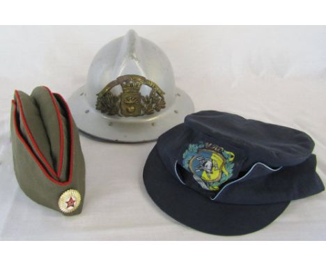 French Fireman's helmet & 2 other caps