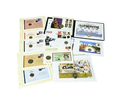 Group of seven (7) UK coin and stamp covers and sets in silver and cupronickel. Includes (1) 1996 Queen's 70th Birthday &poun