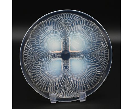 Lalique 'Coquille' iridescent glass plate/shallow form bowl with four scallop shell pattern, stamped "R Lalique". 19.7cm diam