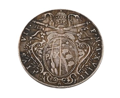 1818-B Papal States, Vatican Pope Pius VII silver One Scudo coin struck at the Bologna Mint (KM 1275). Obverse: Papal arms of