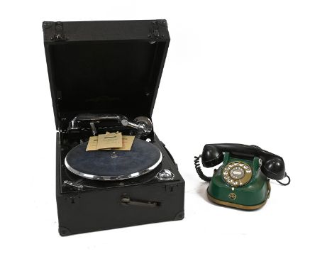 Columbia 202 Picnic Gramophone in black vinyl. Together with a vintage 1950s Belgian green and black bakelite telephone marke