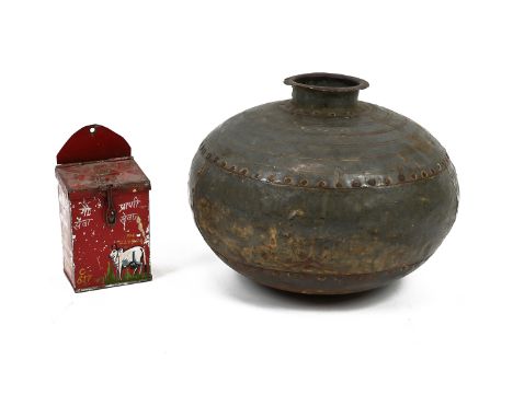 Vintage Indian Metal Water Pot, rivetted with hammered detailing (38cm diameter x 28cm high). Also vintage Indian red painted