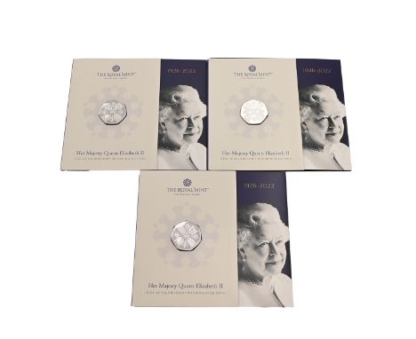 Group of three (3) 2022 Queen Elizabeth II Memorial commemorative brilliant uncirculated 50ps. Obverses: Martin Jennings port