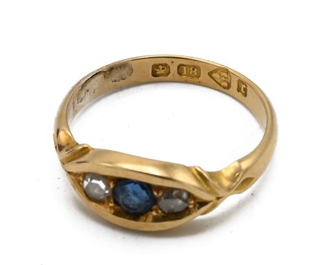 A Victorian 18ct gold, diamond and sapphire three stone ring, finger size K, Chester 1880, 3.25, cased&nbsp;