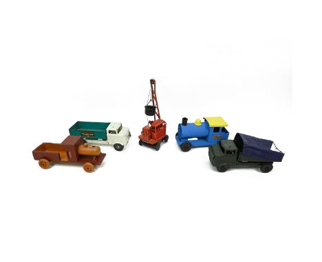 Group of Vintage Tri-ang Toy vehicles: Lorry, Train, Military Truck and Crane. Also a vintage wooden hand made train.&nbsp;