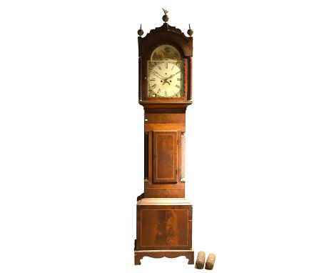 19th Century 8 day longcase clock with arched painted 12" dial, Roman numerals, man fishing in a mill pond at the arch, secon