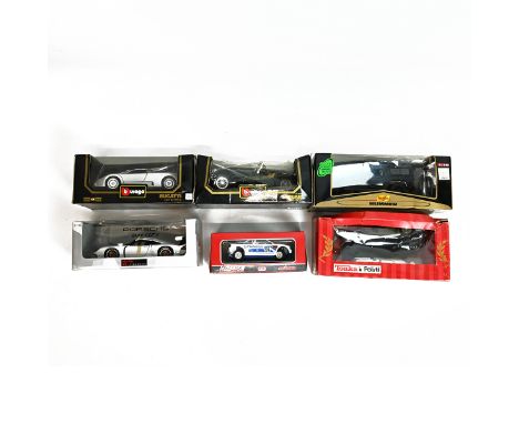 6x boxed die-cast model toy cars: Burago Bugatti EB110 (1991); Burago Jaguar SS100 (1937); Maisto 1:18 Premiere Edition Humme