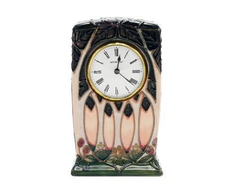 Moorcroft "Cluny" pattern mantle clock, 1993, &nbsp;with quartz movement. Impressed Moorcroft marks, date cypher and artist s