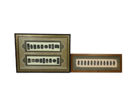 Two framed and glazed sets of Chinese stones - the first 18 ink stones depicting immortals (95cm x 67.5cm) the second 12 seal