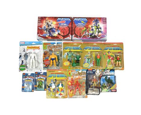 Group of Carded &amp; Boxed Superheroes: DC Comics Superheroes Robin, Aquaman, The Penguin, Green Lantern; Marvel Fantastic F
