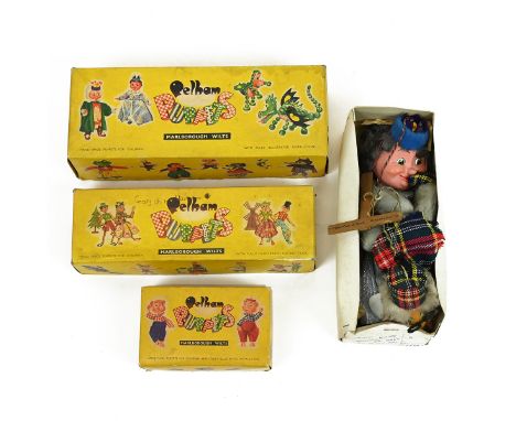 Vintage Boxed Pelham Puppets (5): Clown, Cow, Poodle, Queen, Uncle Bulgaria.