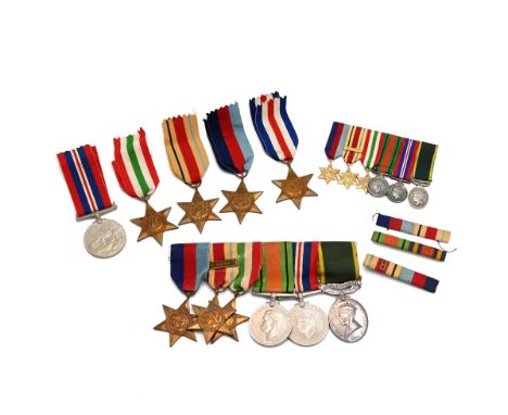 WW2 UK medals. Medals on bar inc miniatures- 1939-45 Star, Africa Star with 8h Army bar, Italy Star, Defence, 1939-45 medal, 