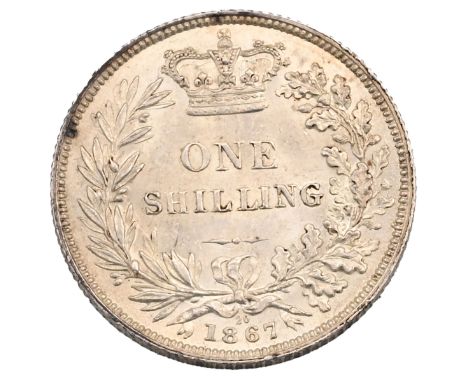 1867 die 26 silver Shilling featuring William Wyon's &nbsp;'Young Head' portrait of Queen Victoria (S 3905, ESC 1315). Obvers