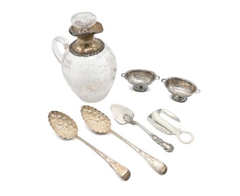 Two silver George III berry spoons, along with a pair of silver salts, silver trowel, silver shoe horn and silver mounted dec