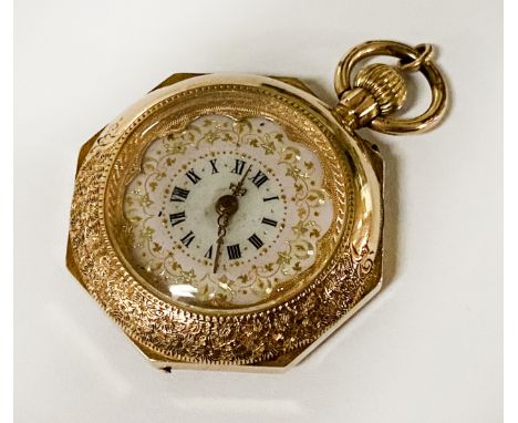 14CT GOLD OPEN FACE ENAMEL ORNATHALOGICAL OCTAGANOL POCKET WATCH - WORKING