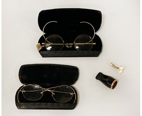 TWO EARLY PAIRS OF GLASSES, CUFFLINKS &amp; CIGAR PIECE