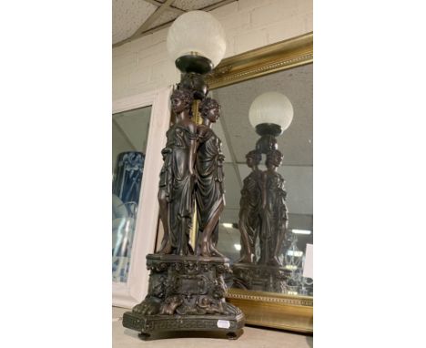 LARGE ART NOUVEAU STYLE TRIPLE FIGURE TABLE LAMP - 73CMS (H) A/F