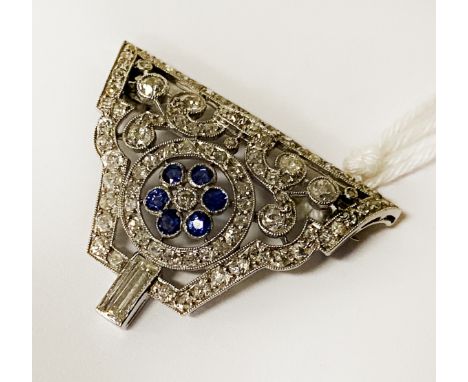 WHITE GOLD DIAMOND SAPPHIRE ART DECO BROOCH 6.5 GRAMS APPROX
