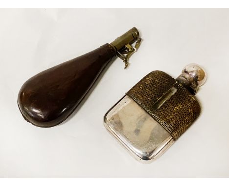 POWDER FLASK WITH A 20TH CENTURY HIP FLASK