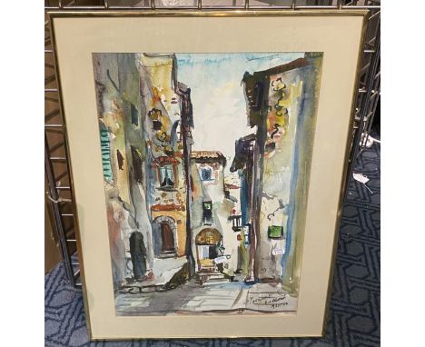 WATERCOLOUR IMPRESSIONIST MEDITERRANEAN SCENE SIGNED BY ARTIST 56.5CMS (H) X 38 CMS (W) PIC ONLY APPROX A/F 