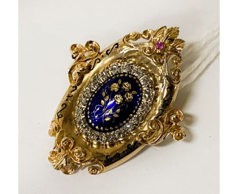 18CT GOLD DIAMOND ENAMEL &amp; RUBY, BROOCH 9.6 GRAMS APPROX
