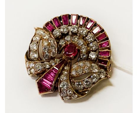 VINTAGE ART DECO GOLD DIAMOND &amp; RUBY BROOCH 11.2 GRAMS APPROX 