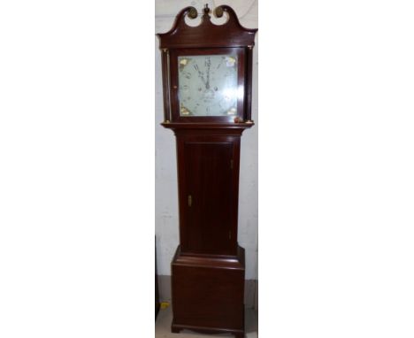 A late 18th century mahogany cased cottage longcase clock with swan neck pediment and turned reeded side pillars to the hood,