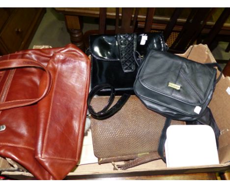 A selection of vintage handbags, an Aquascutum lady's coat and a suit