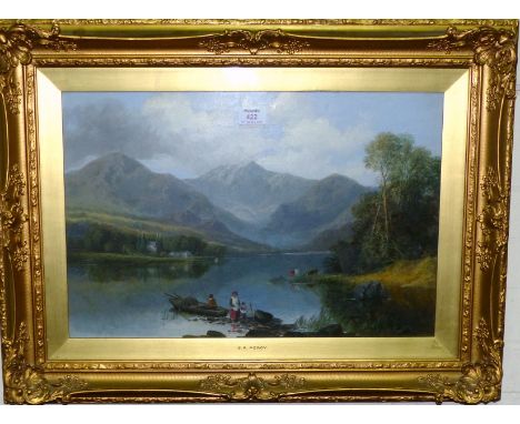 Circle of S R Percy, figures and a rowing boat on a lake, mountains in the background, oil on board, unsigned, attributed on 