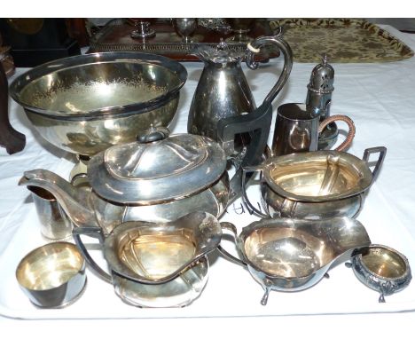 A 3 piece silver plated tea set; other silver plate