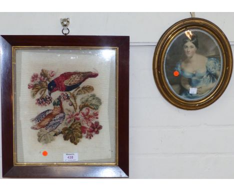 A 19th century embroidery:  2 birds in a branch, mahogany framed; a 19th century oval print of a young woman in gilt brass fr