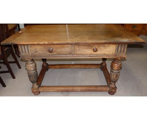A period style oak draw leaf dining table with 2 frieze drawers and reeded bulbous legs; 4 ladder back dining chairs; 2 simil