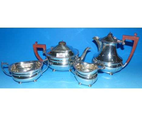 A Georgian style silver 4 piece tea set of rounded rectangular form with gadrooned borders, Birmingham, 1960, 50 oz.