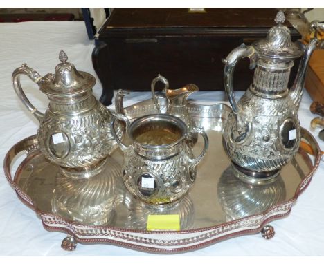 A Georgian style silver plate on copper galleried tray; a Victorian 4 piece tea service