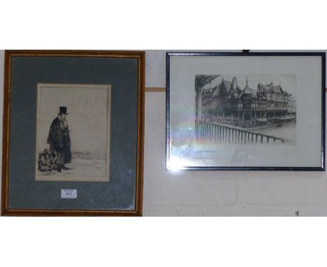 Frank Gillett:  etching and drypoint, gentleman with carpet bag, signed in pencil, 9" x 7"; an etching of The Rows of Chester