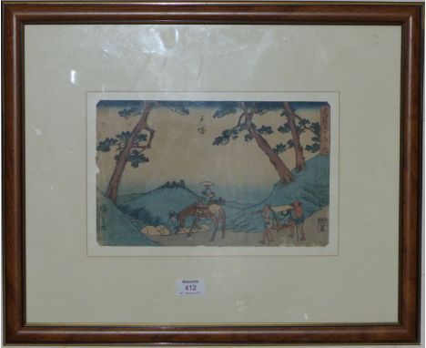 Circle of Hiroshige:  landscape with figures, 19th century Japanese coloured woodblock print, 7½" x 12", framed and glazed