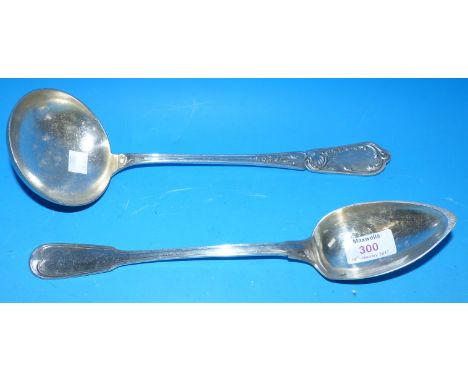 A 19th century fiddle and thread pattern silver basting spoon by T V Dutreuis, Paris, 3.5oz and a French silver plated soup l