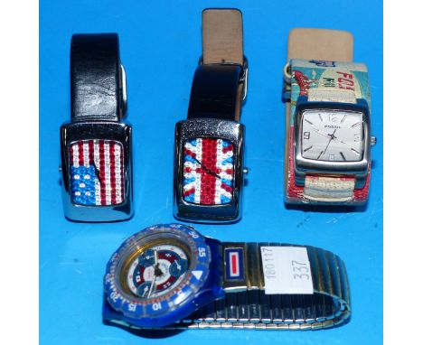 Three Fossil watches, in original tins; a Swatch with expanding bracelet